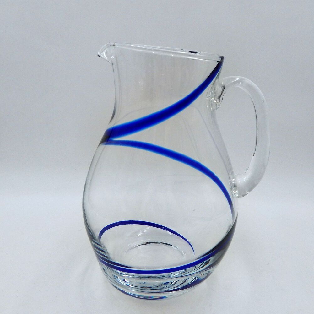 Pier 1 One Swirline Pitcher Clear Glass With Cobalt Blue Swirl 10 Inch Tall